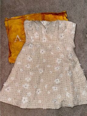 Anthropologie Cream Floral Embellished Strapless Dress